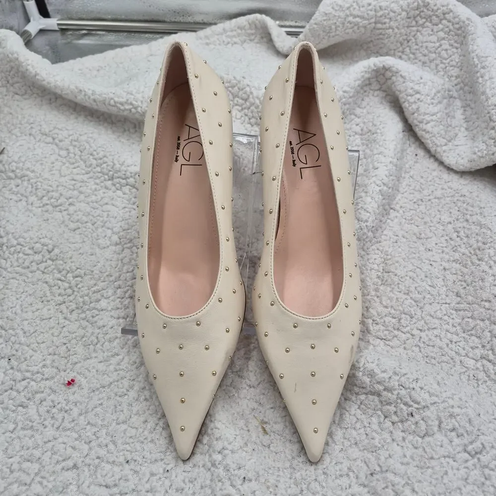 NEW AGL Lenor white leather stud kitten heels Women's Size 38.5 US 8.5